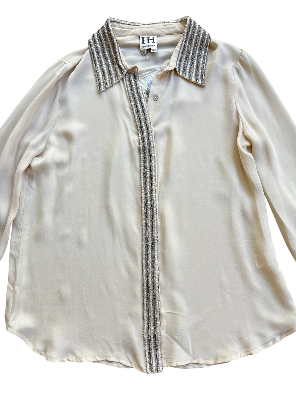 NWT Haute Hippie 100% Silk Beaded Button Front Blouse Champagne Ivory M - Picture 16 of 16